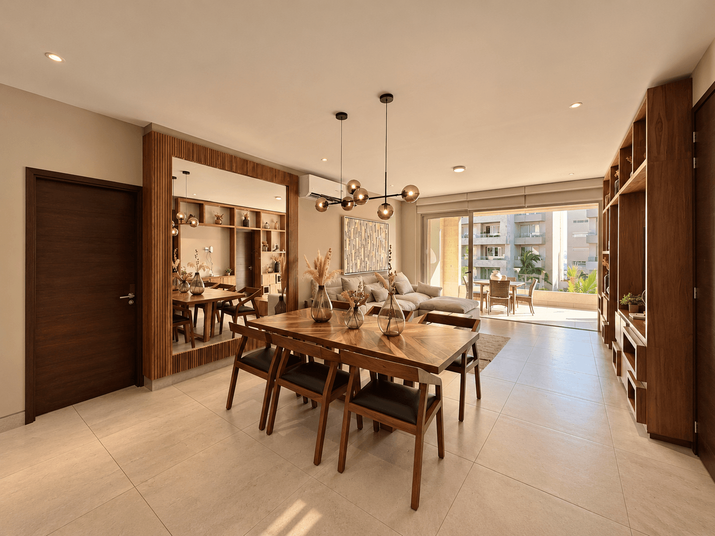 Dining and living area with wood finishes and terrace.