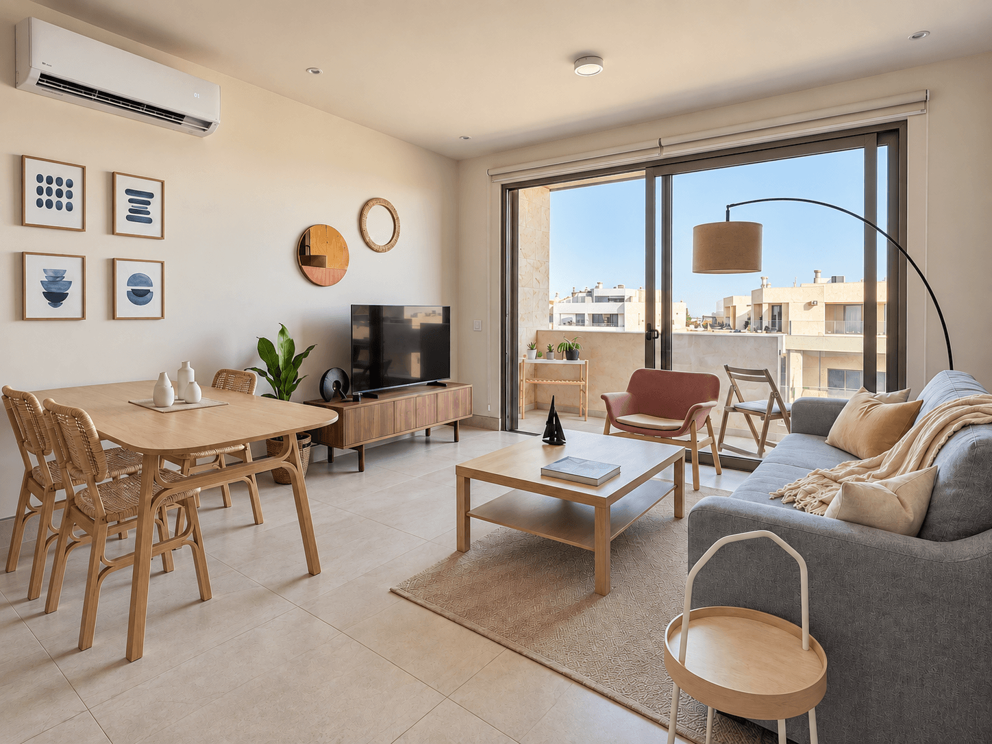 Integrated living and dining area with direct access to a private balcony.