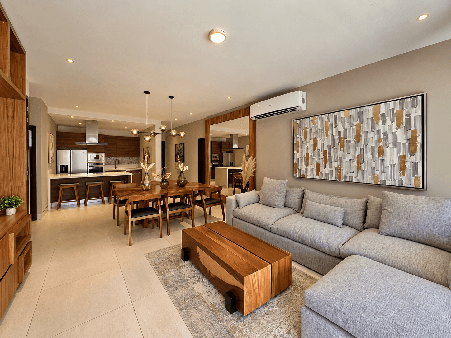 Living room with sectional sofa and wood finishes.