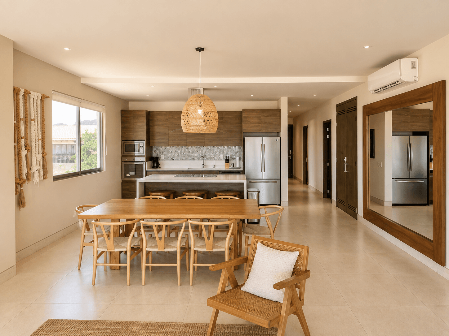 Área de comedor con cocina moderna.