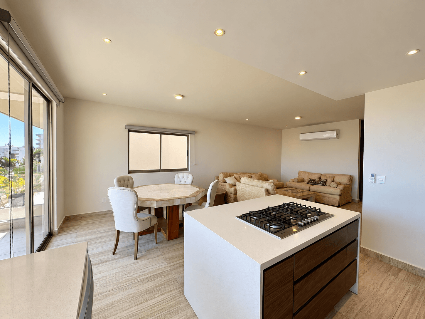 Living, dining, and kitchen in one open space.