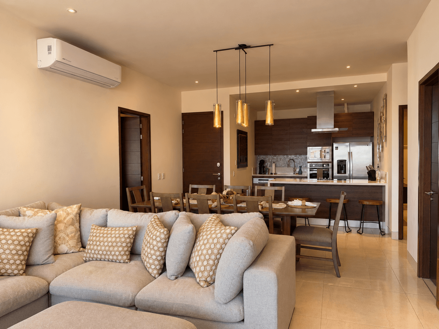 Living, dining, and kitchen in one open space.